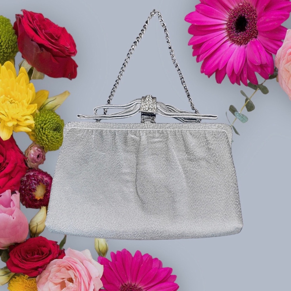 After Five Vintage Embellished Elegant Silver Metallic Clutch With Rhinestones